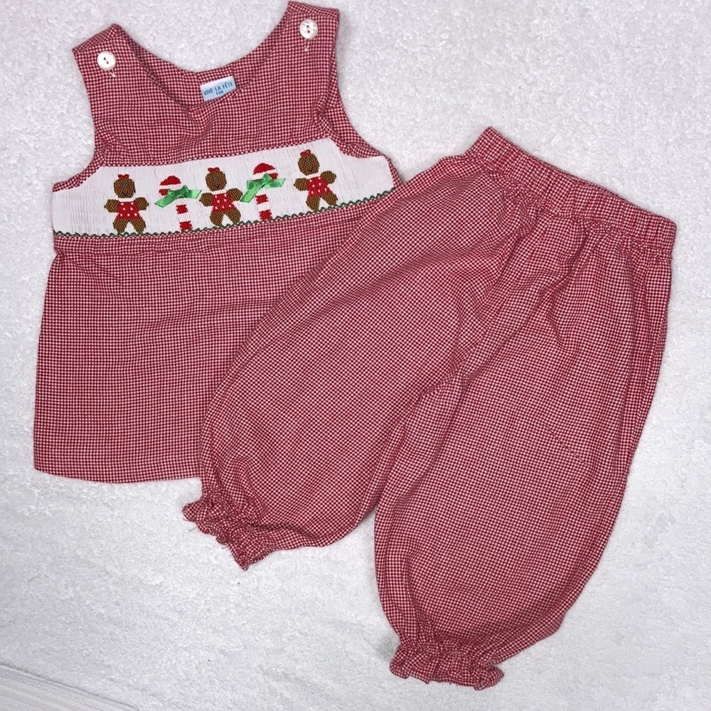 Vive la fete smocked gingerbread candy cane red houndstooth 12m matching set